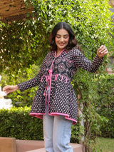 Black Handblock Printed A-Line Peplum Top with Tie-Up Detail