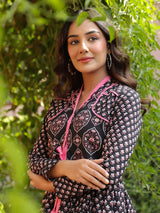 Black Handblock Printed A-Line Peplum Top with Tie-Up Detail