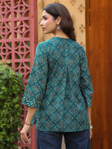 Teal Handblock Printed & Embroidered A-Line Top