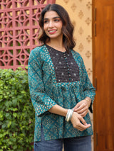Teal Handblock Printed & Embroidered A-Line Top