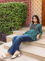 Teal Handblock Printed & Embroidered A-Line Top