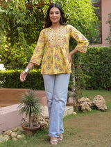 Yellow Handblock Printed & Embroidered A-Line Top