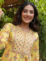 Yellow Handblock Printed & Embroidered A-Line Top