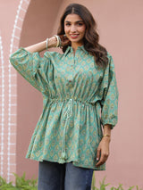 Green Booti Handblock Printed Shirt Style Kaftan Top