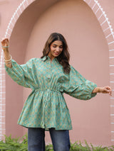 Green Booti Handblock Printed Shirt Style Kaftan Top