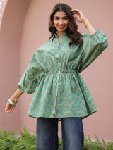 Green Booti Handblock Printed Shirt Style Kaftan Top