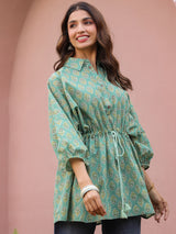 Green Booti Handblock Printed Shirt Style Kaftan Top