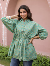 Green Booti Handblock Printed Shirt Style Kaftan Top