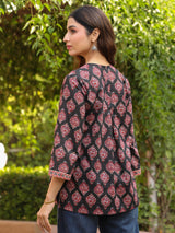 Black Booti Handblock Printed & Embroidered A-Line Top