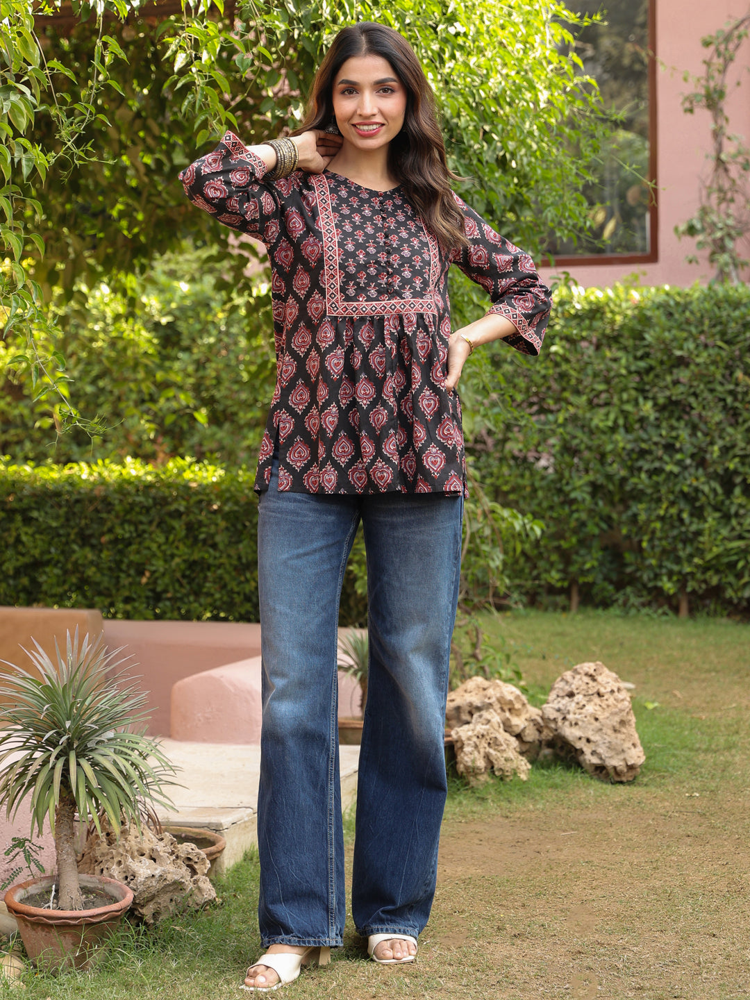 Black Booti Handblock Printed & Embroidered A-Line Top