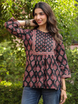 Black Booti Handblock Printed & Embroidered A-Line Top