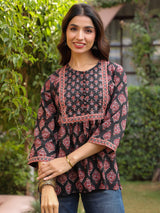 Black Booti Handblock Printed & Embroidered A-Line Top