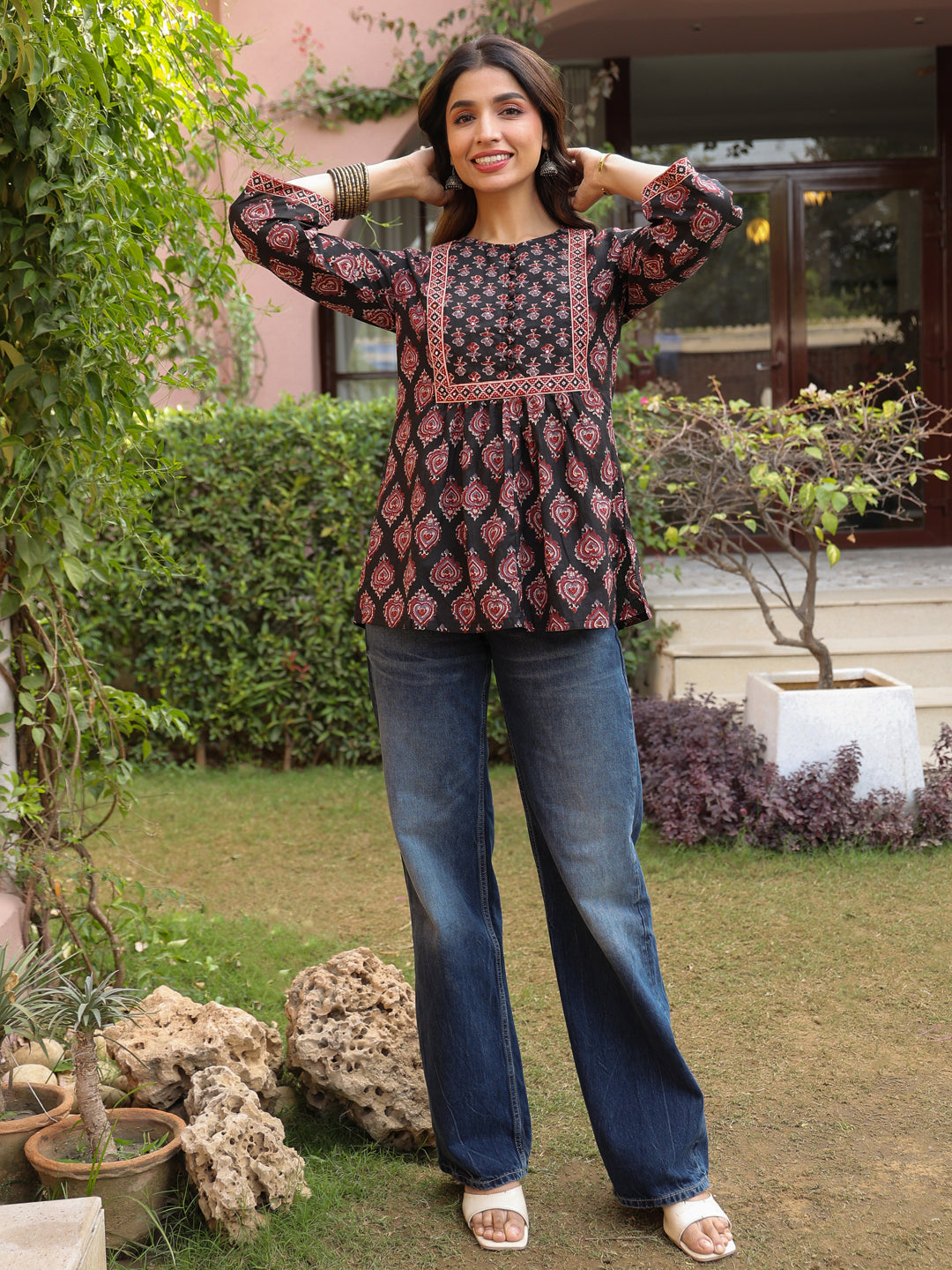 Black Booti Handblock Printed & Embroidered A-Line Top