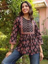 Black Booti Handblock Printed & Embroidered A-Line Top