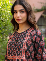 Black Booti Handblock Printed & Embroidered A-Line Top