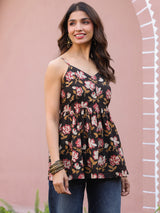 Black Floral Handblock Printed Sleeveless Smocked Fit & Flare Top