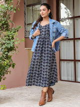 Blue Booti Handblock Printed Sleeveless Midi Dress