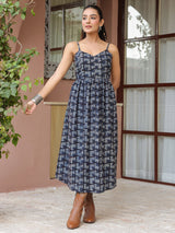 Blue Booti Handblock Printed Sleeveless Midi Dress