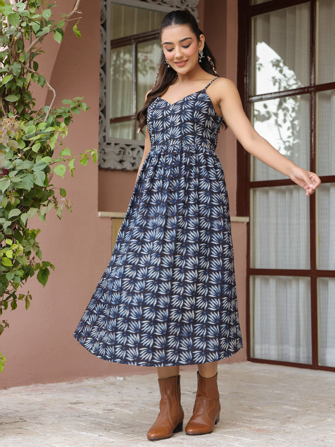Blue Booti Handblock Printed Sleeveless Midi Dress