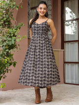 Black Booti Handblock Printed Sleeveless Midi Dress