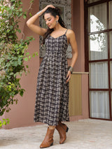 Black Booti Handblock Printed Sleeveless Midi Dress