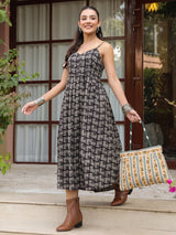 Black Booti Handblock Printed Sleeveless Midi Dress