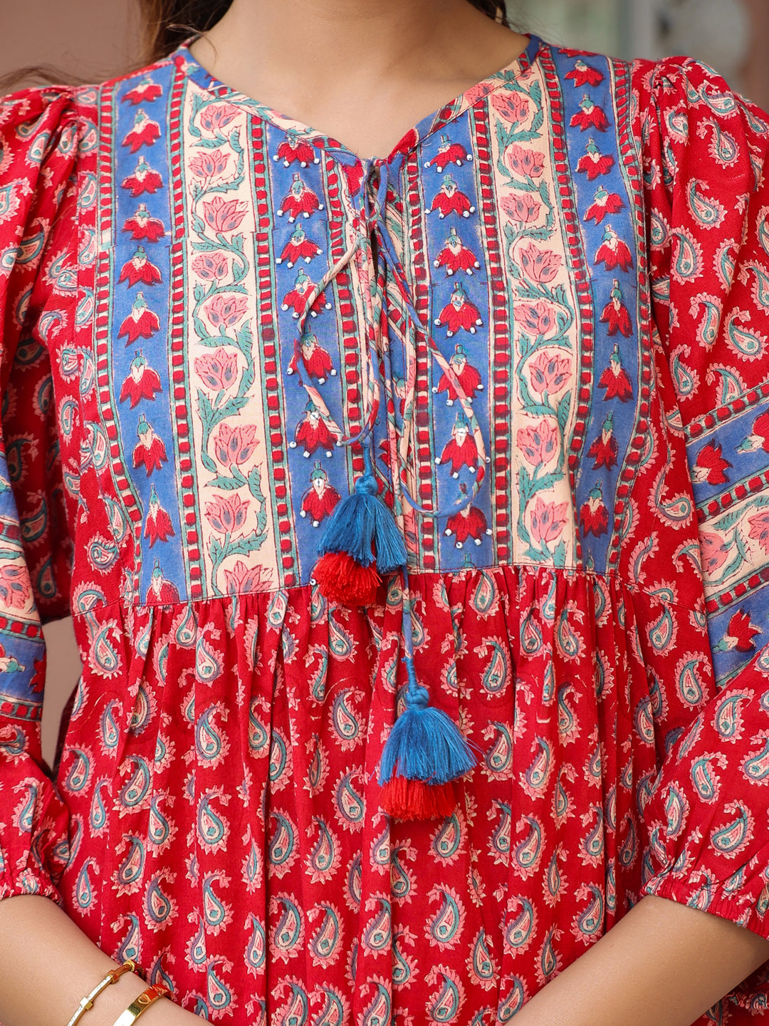 Red Handblock Boho Puff-Sleeve Midi Dress