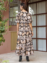 Black Floral Printed Tiered Flared Dress