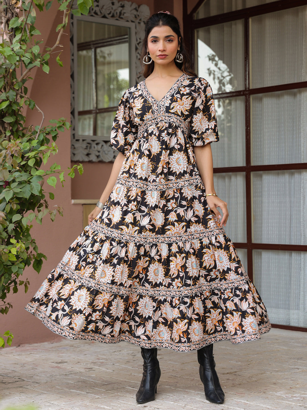 Black Floral Printed Tiered Flared Dress