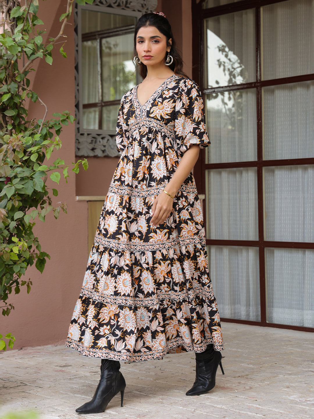 Black Floral Printed Tiered Flared Dress