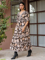 Black Floral Printed Tiered Flared Dress
