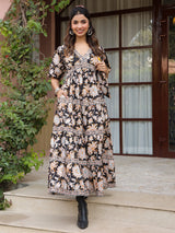 Black Floral Printed Tiered Flared Dress