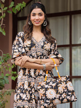 Black Floral Printed Tiered Flared Dress