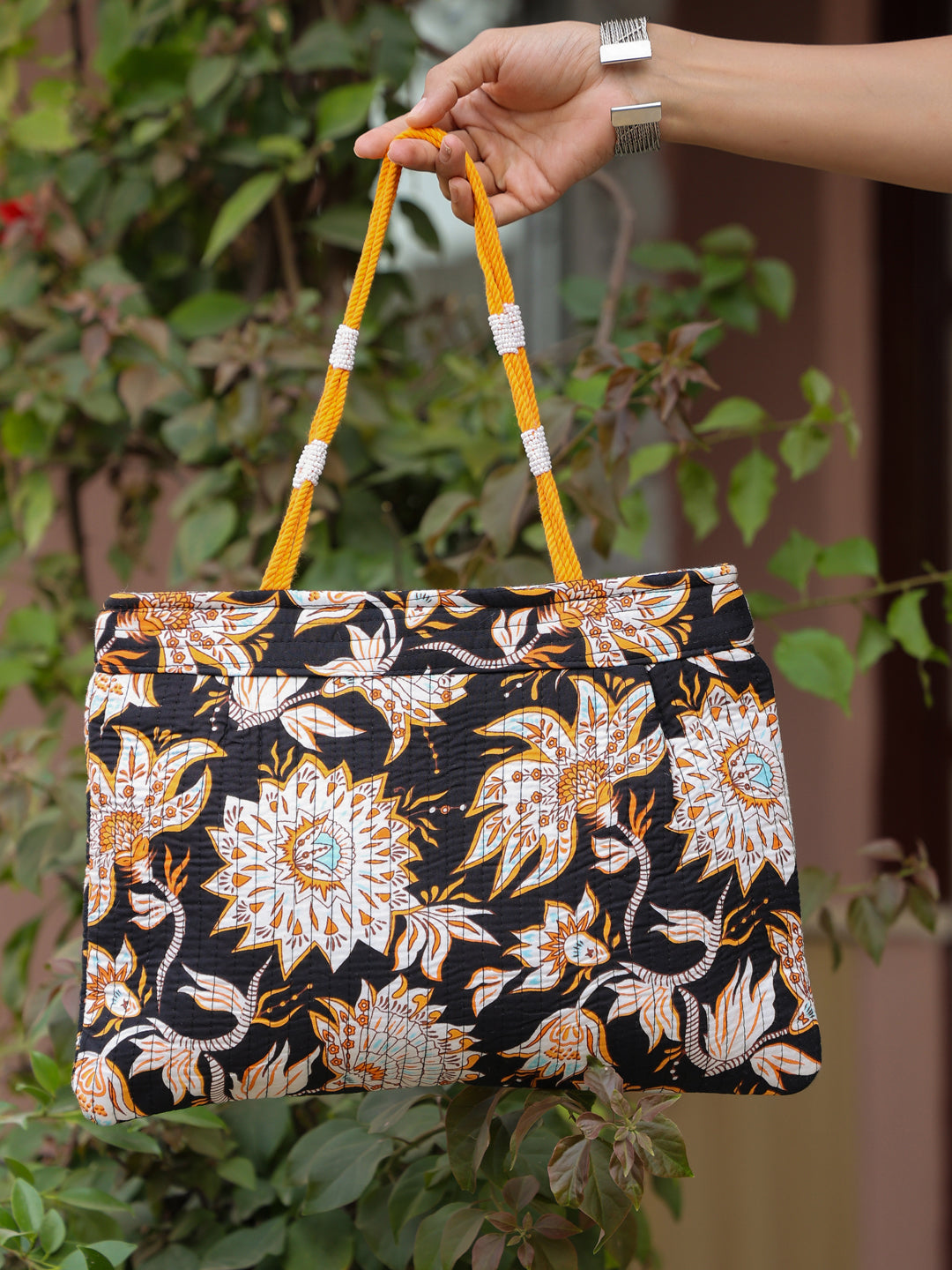 Black Floral Shoulder Bag with Zip