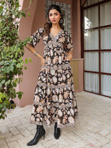 Black Floral Printed Tiered Flared Dress