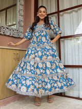 Blue Floral Printed Tiered Flared Dress
