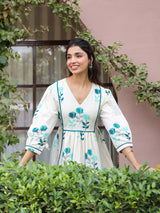 White Flex Teal Floral Printed Flared Dress