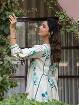 White Flex Teal Floral Printed Flared Dress