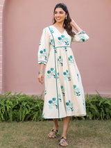 White Flex Teal Floral Printed Flared Dress