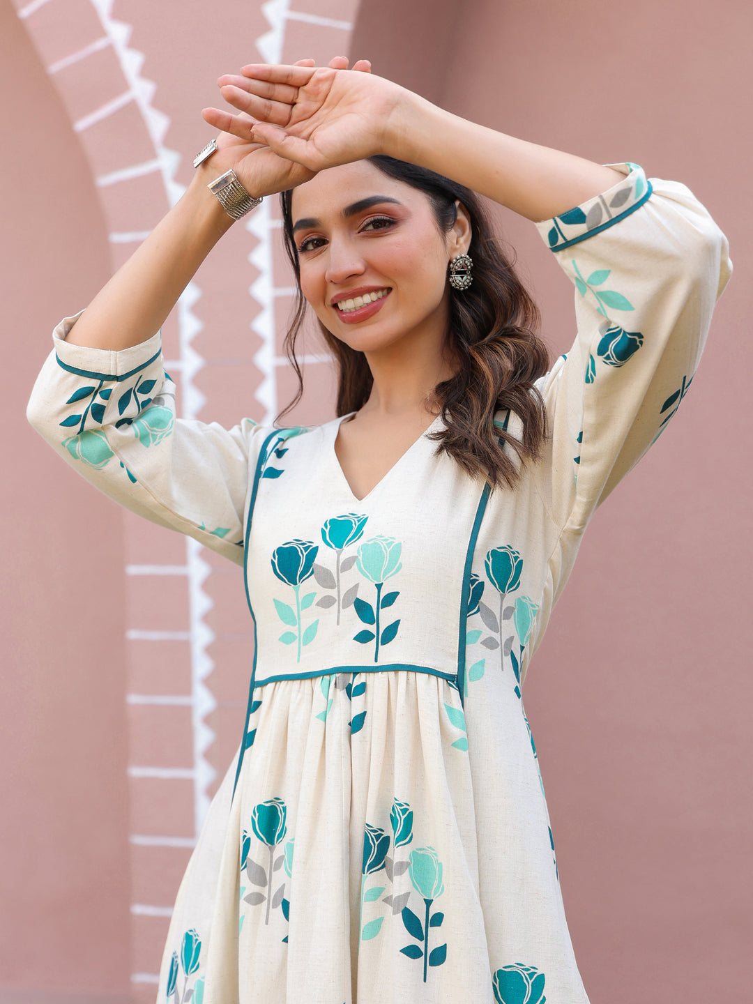 White Flex Teal Floral Printed Flared Dress