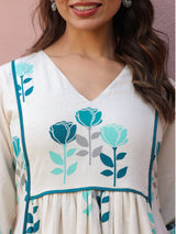 White Flex Teal Floral Printed Flared Dress