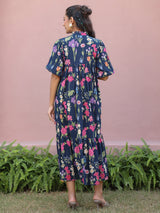 Navy Floral Printed Tiered Dress with Mandarin Collar