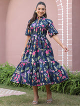 Navy Floral Printed Tiered Dress with Mandarin Collar