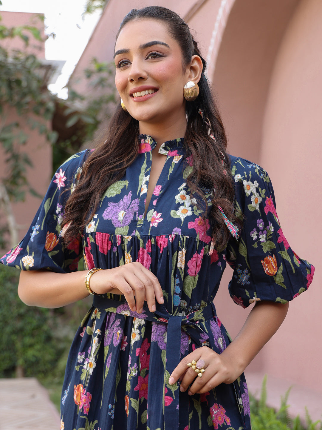 Navy Floral Printed Tiered Dress with Mandarin Collar