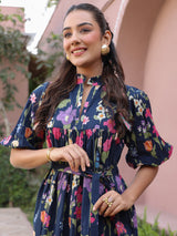 Navy Floral Printed Tiered Dress with Mandarin Collar