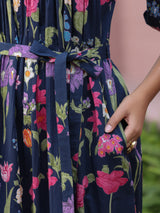 Navy Floral Printed Tiered Dress with Mandarin Collar