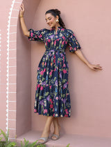 Navy Floral Printed Tiered Dress with Mandarin Collar