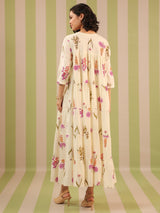 Breezy White Printed Flared Dress with Lining