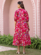 Red Floral Printed Tiered Dress with Mandarin Collar
