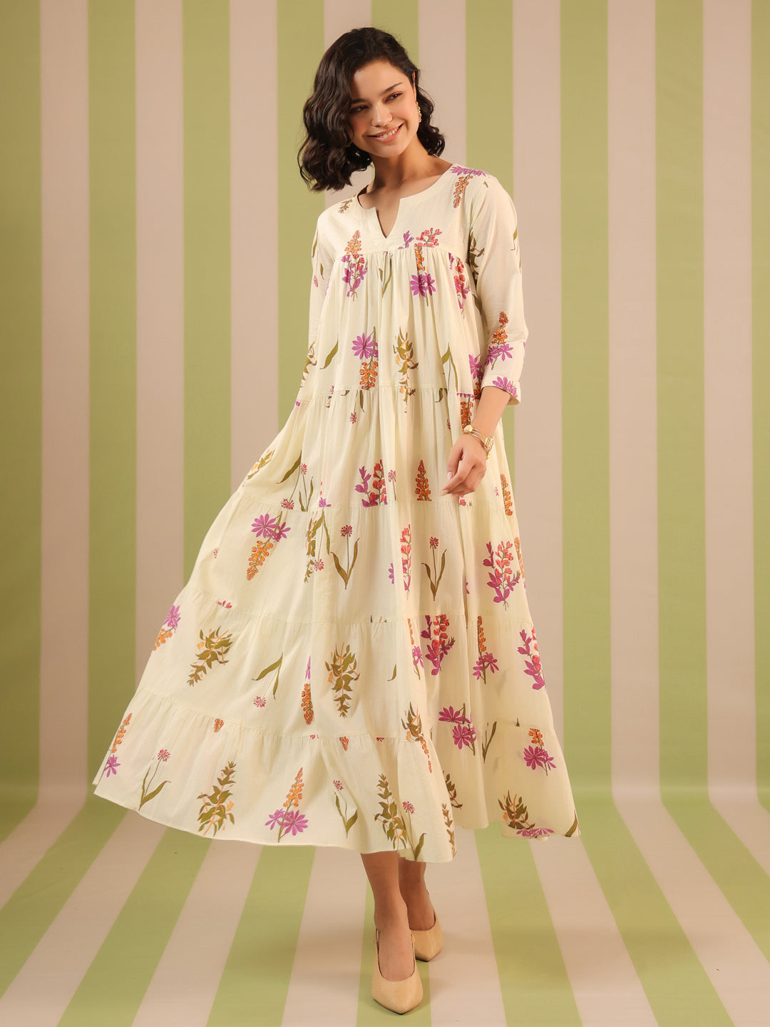 Breezy White Printed Flared Dress with Lining